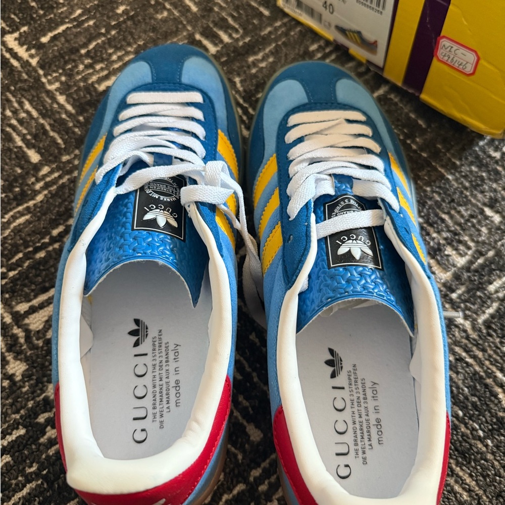 Gucci x Adidas Blue Sneakers with Yellow Stripes - Picture 2 of 5